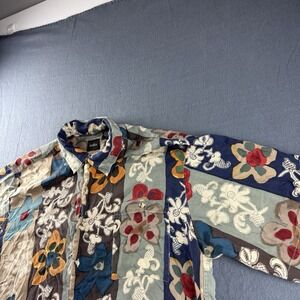 Neiman Marcus Shirt Men's L Blue 100% Silk Hawaiian Floral Loop Collar Vintage
